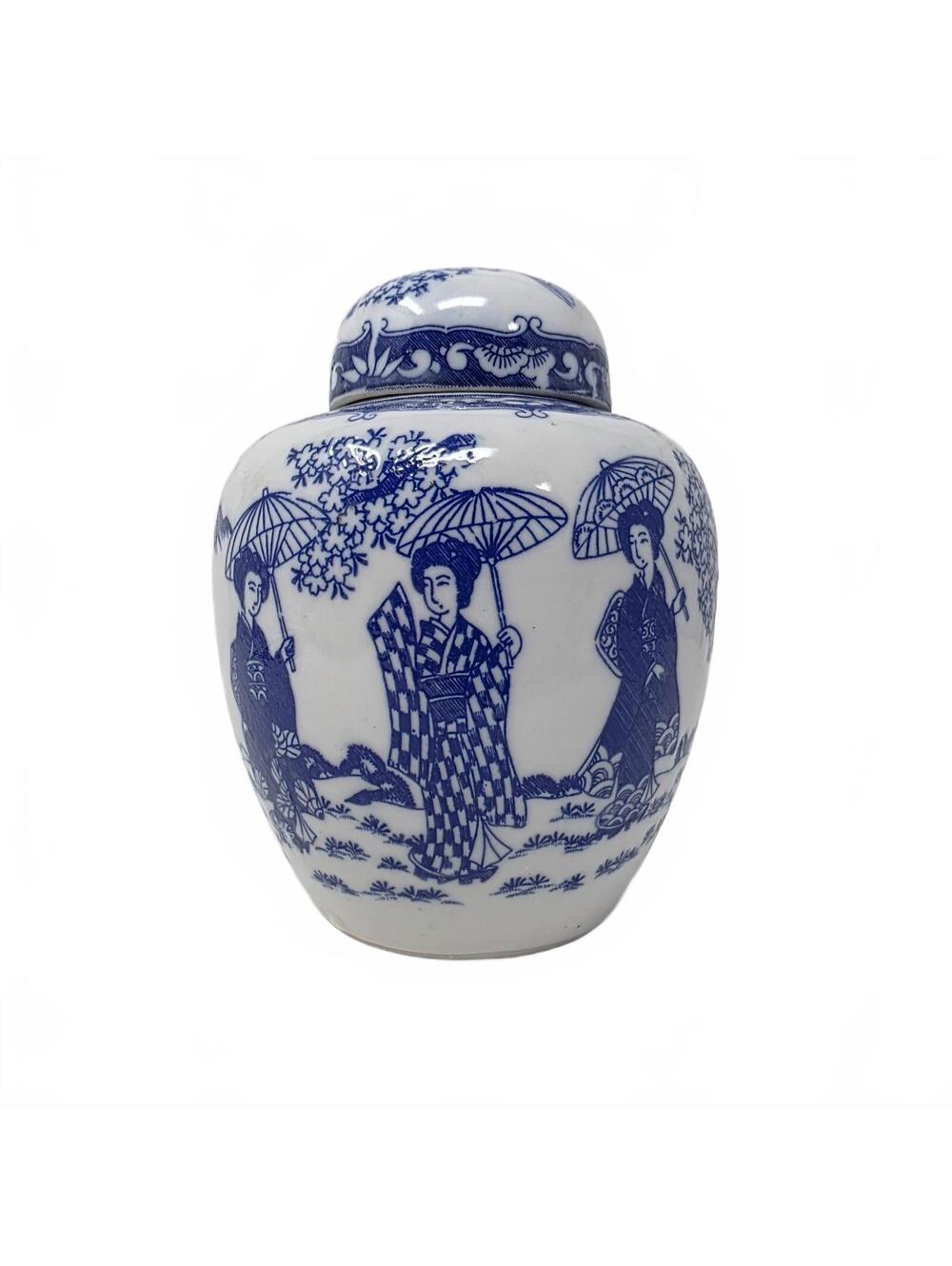 Blue and White Lidded Ginger Jar with Japanese Parasol Scene 4.75"